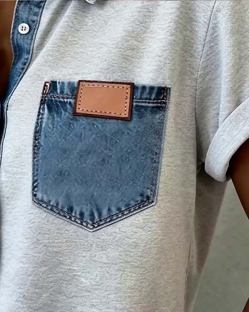 T-Shirt Denim Patchwork Umlegekragen