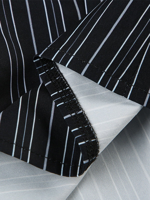 Chemise noire à manches longues et col en V à rayures vintage, coupe slim