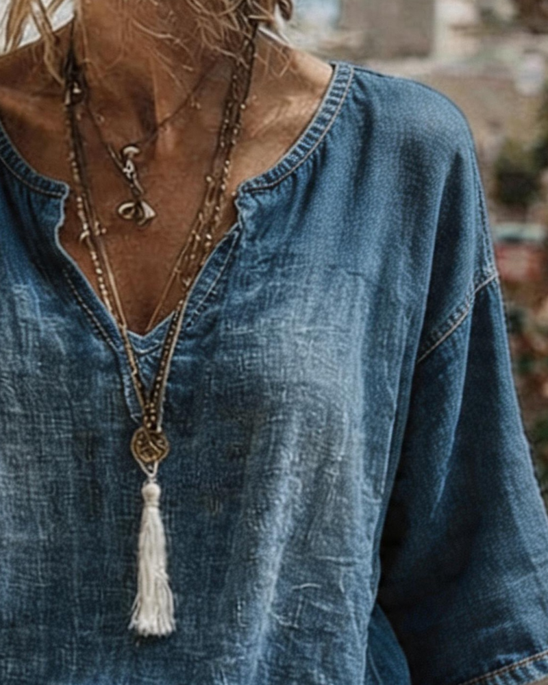 Top V-Ausschnitt Denim Halb Ärmel