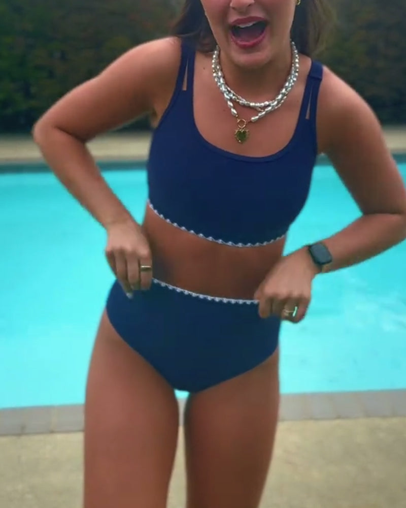 Bikini Wellenmuster Hoch Tailliert Kontrastfarbe
