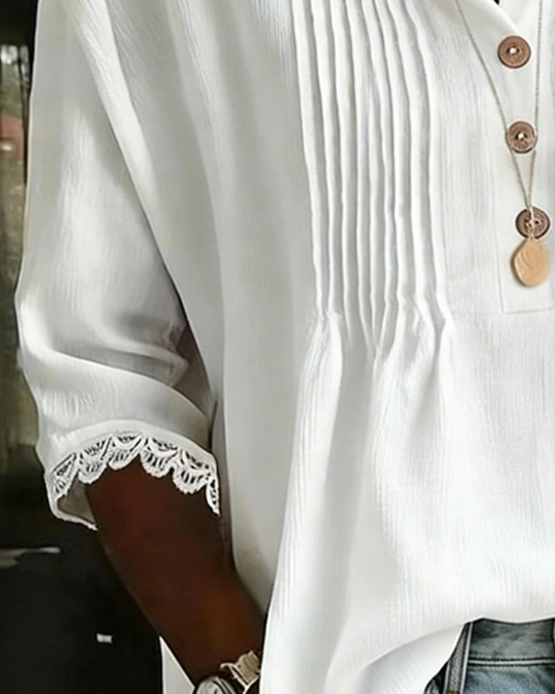 Bluse Plissiert Knopf Spitze Halbarm