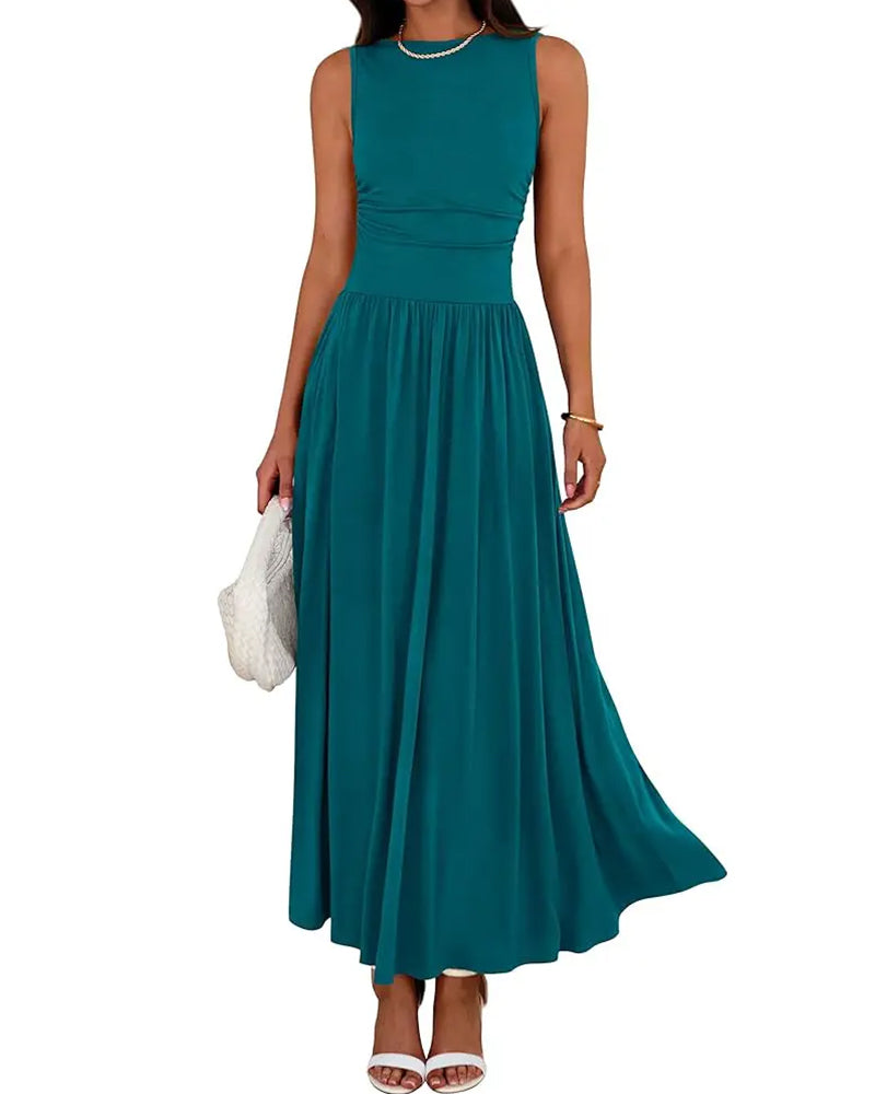 Kleid Ärmellos Geraffte Tasche Lang
