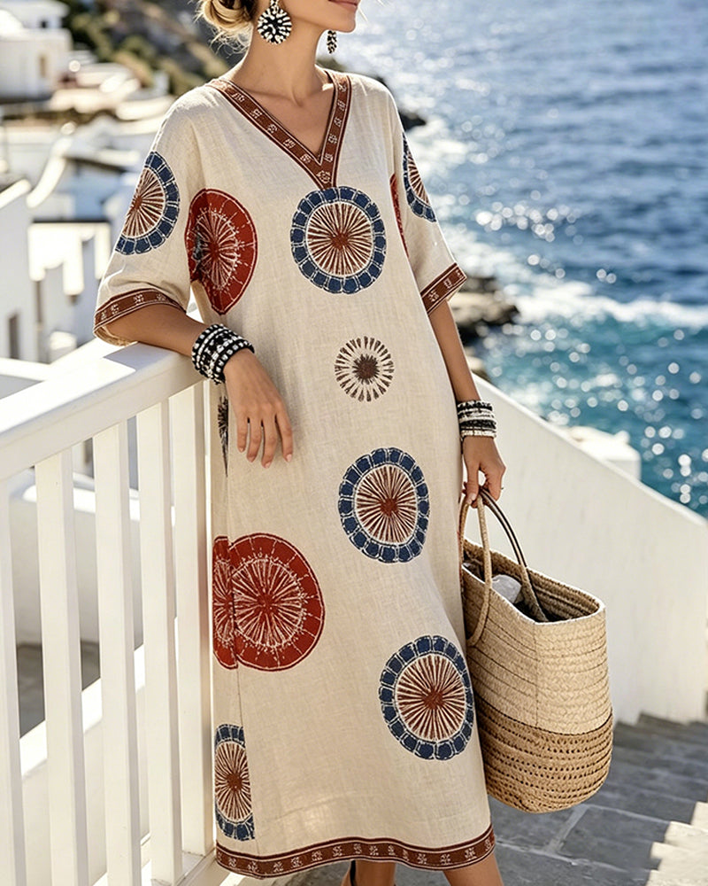 Kleid V-Ausschnitt Retro Kreis Druck Maxi