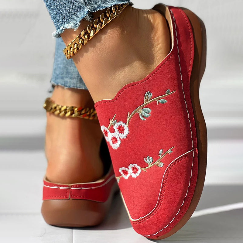 Vintage-Hausschuhe Mit Blumenstickerei Rot