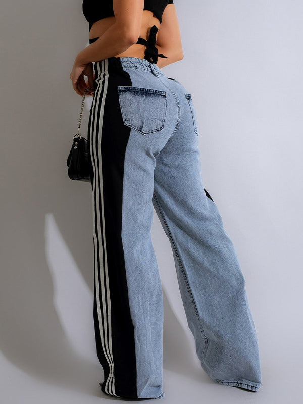 Schwarze 2000s Weite Denim Hosen mit Drei Streifen