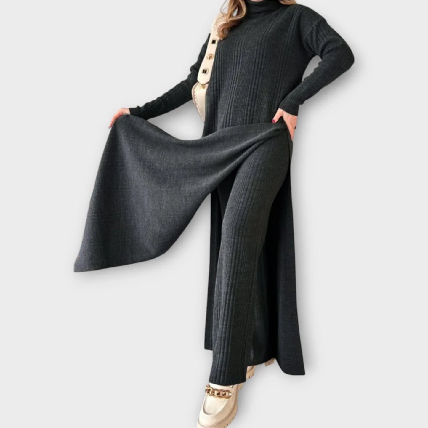 High-neck side-slit over-the-knee knit sweater and trousers Two-piece suit