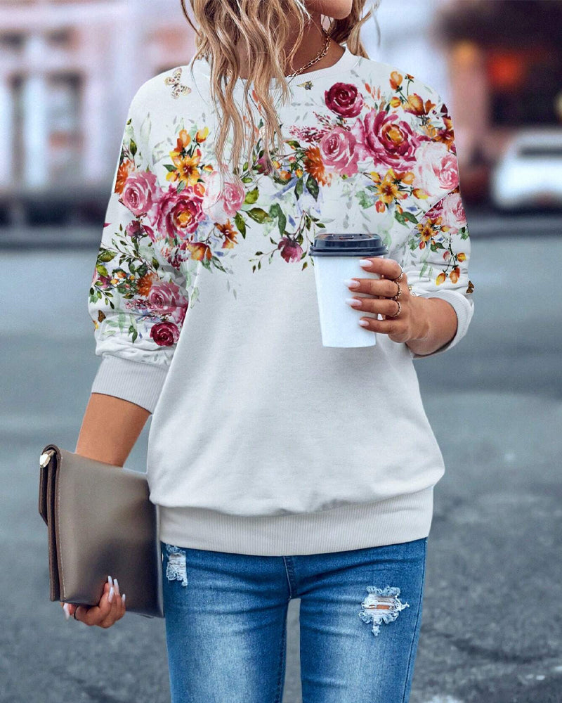 Lässiges sweatshirt mit rundhalsausschnitt und blumendruck