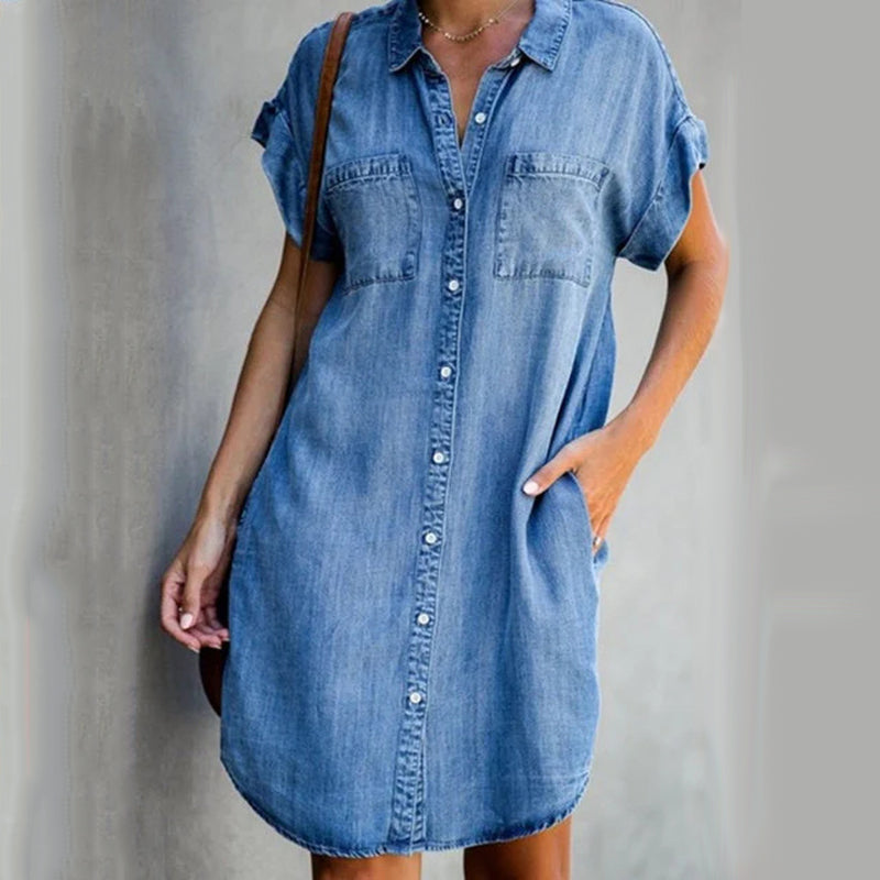 LĂ€ssiges Kurzarm Denim Kleid Blau