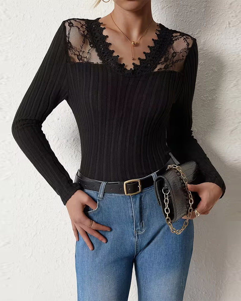 Elegantes Spitzen-T-Shirt, einfarbig, schmal geschnitten, V-Ausschnitt