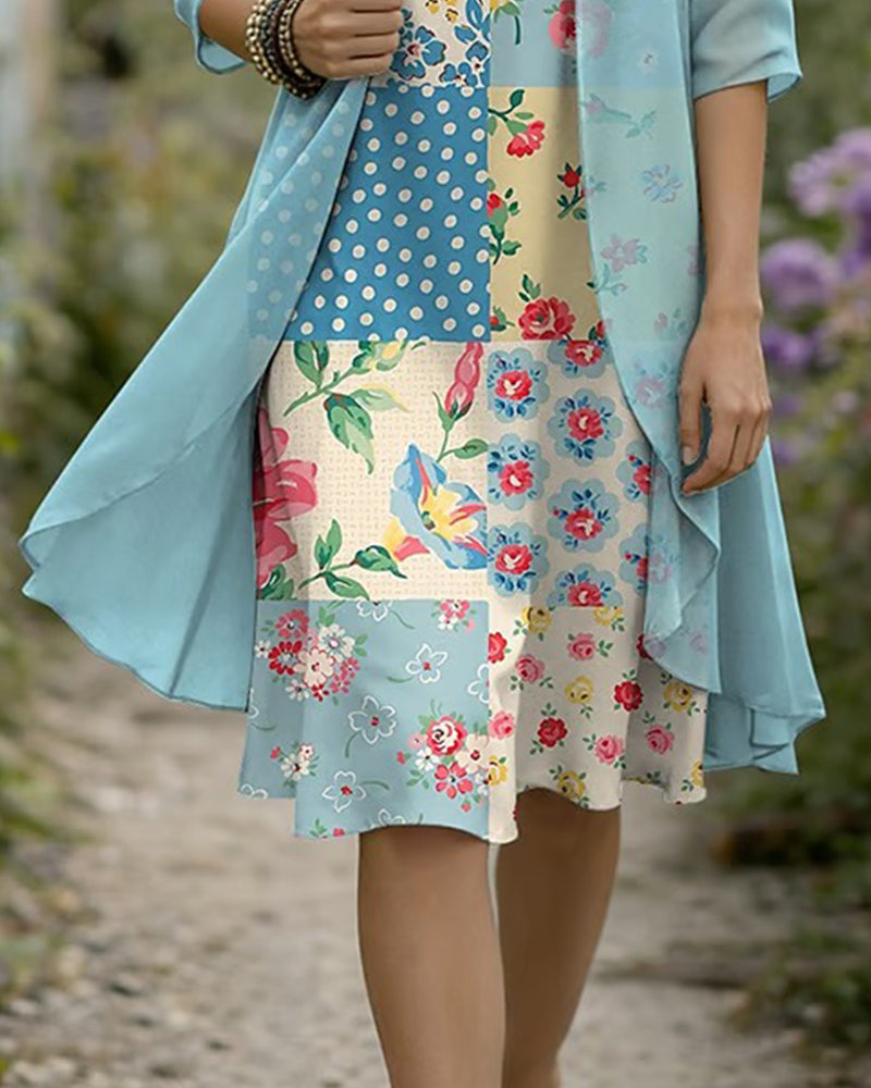 Set Blumen-Patchwork-Kleid Und Überwurf