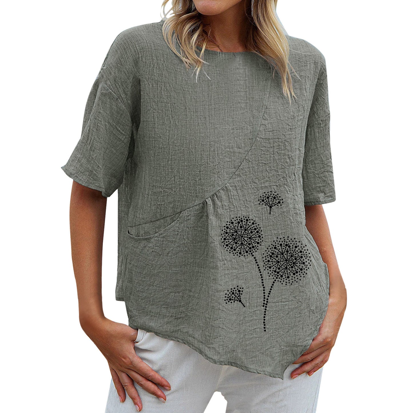 【Algodón y Lino】Camiseta con estampado de mariposas y dientes de león