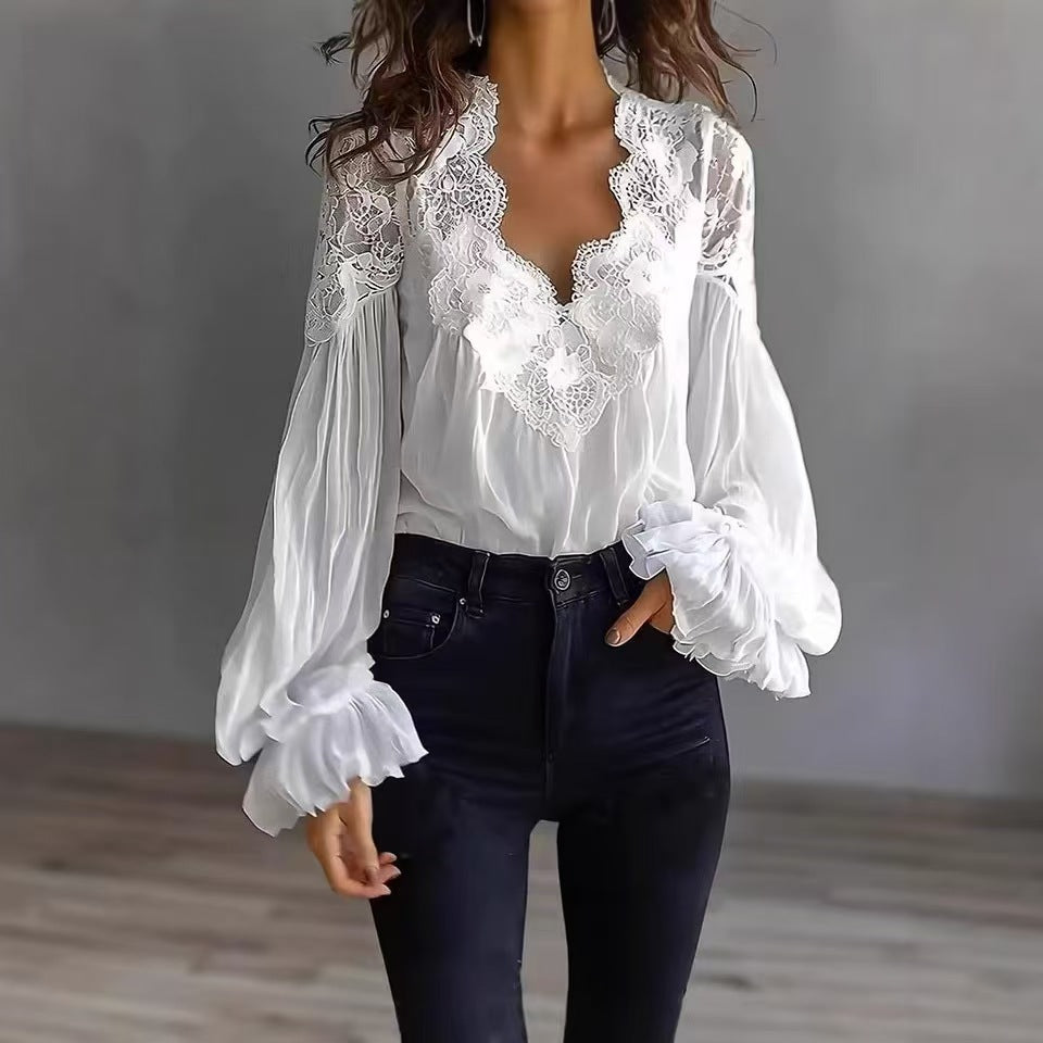 Bluse Laternenärmel Spitze Patchwork Vielseitig