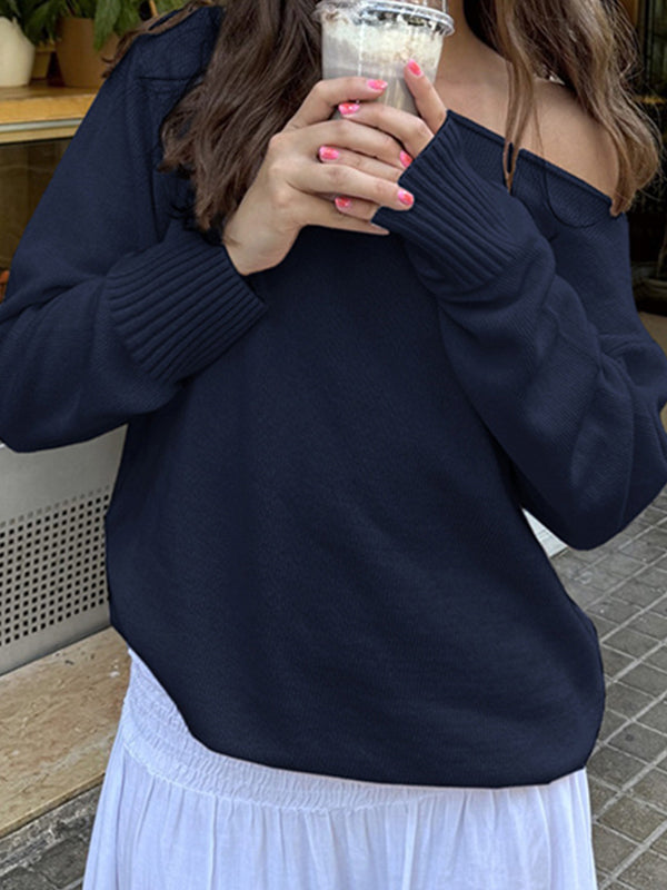 Solid color Y2k one-shoulder sweater with oversized fit