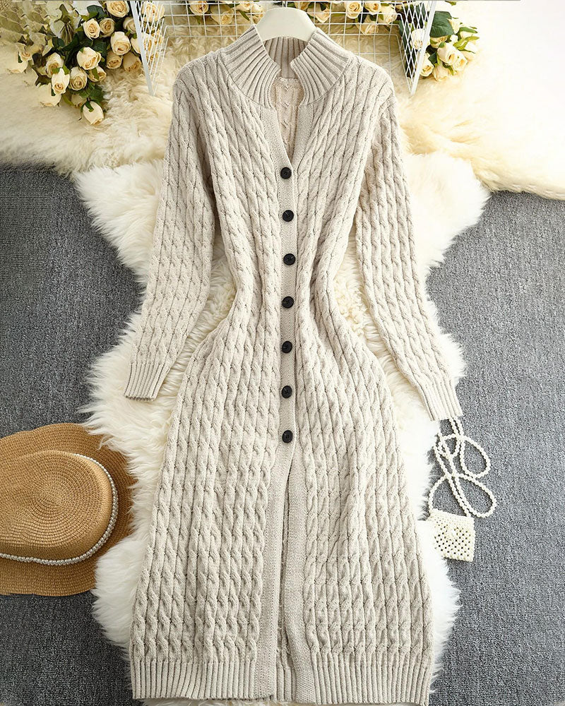Strickjacke Stehkragen Zopf Knopf Lang