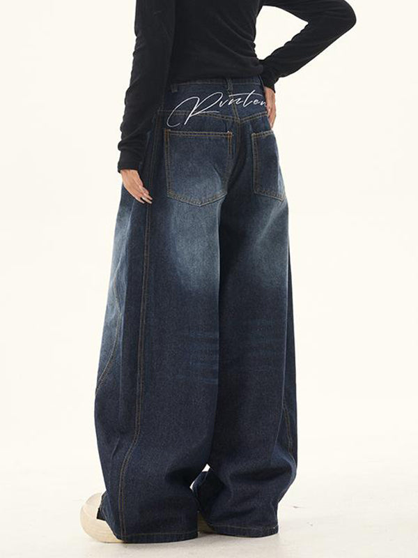 Dark Blue Vintage Oversized Textured Scimitar Jeans