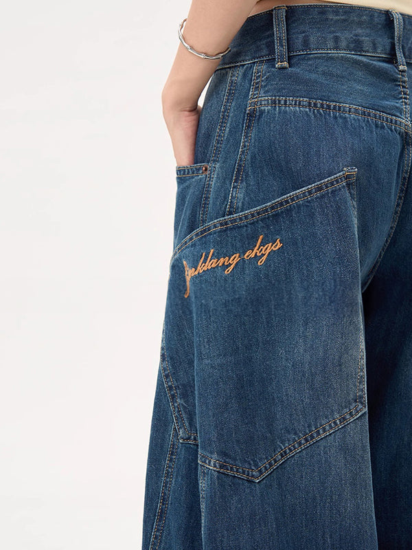 Vintage Blaue Boyfriend Jeans mit Großen Taschen und Weitem Krummschnitt