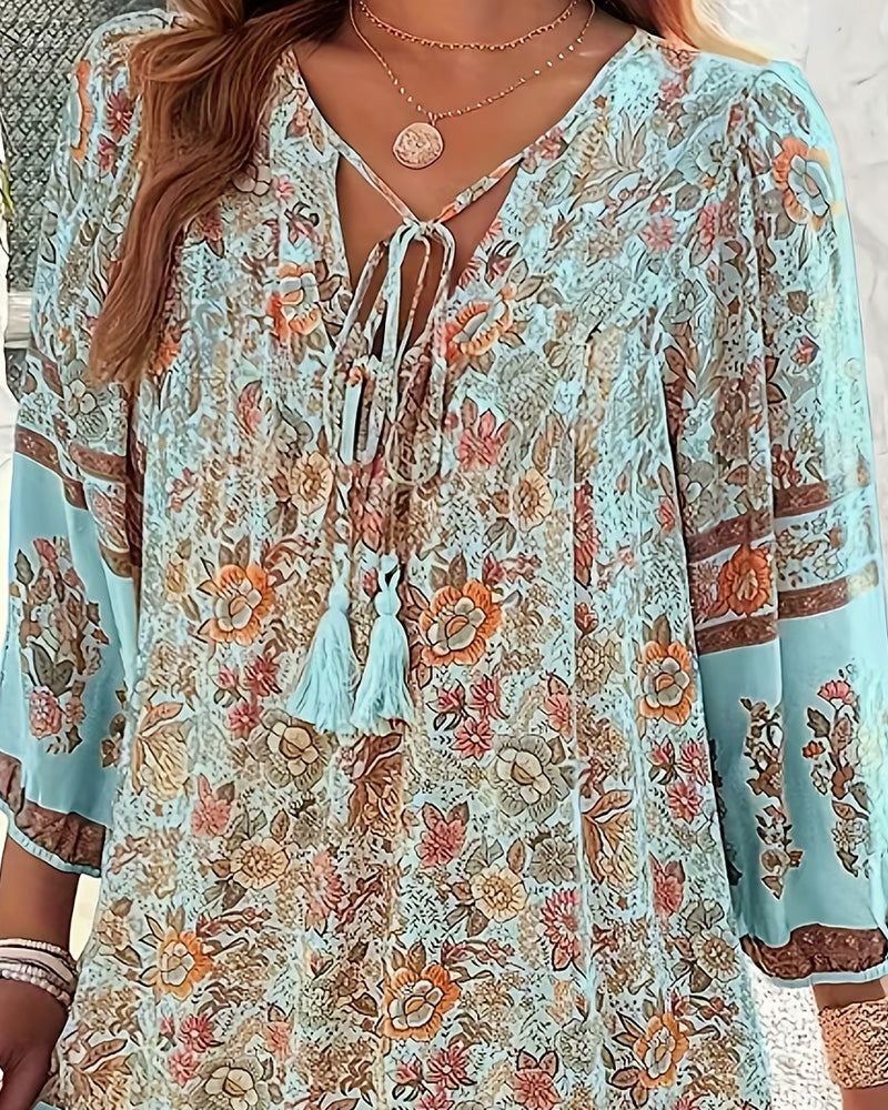 Kleid V-Ausschnitt Bindung Rüsche Blume