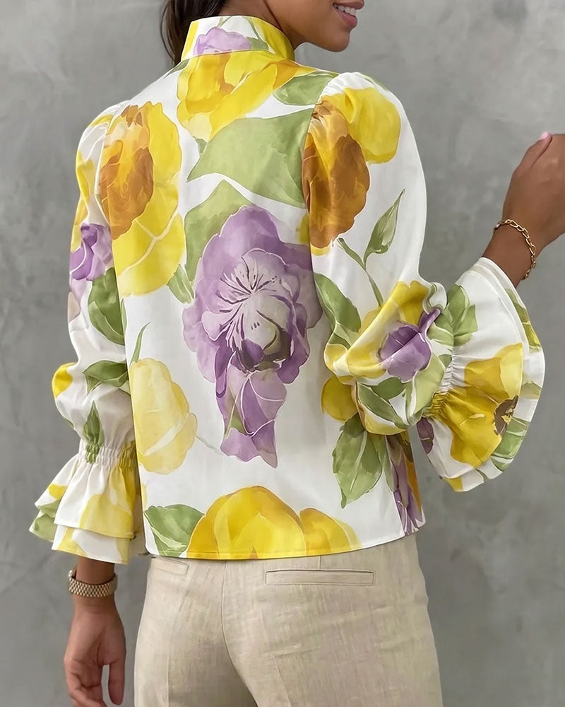 Langarmbluse Mit Stehkrage Großem Aquarellblumenmuster