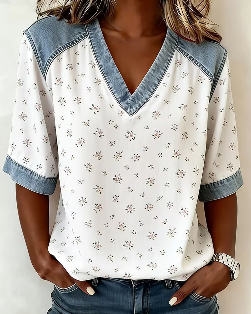 Blusen Blumen-Patchwork Denim V-Ausschnitt
