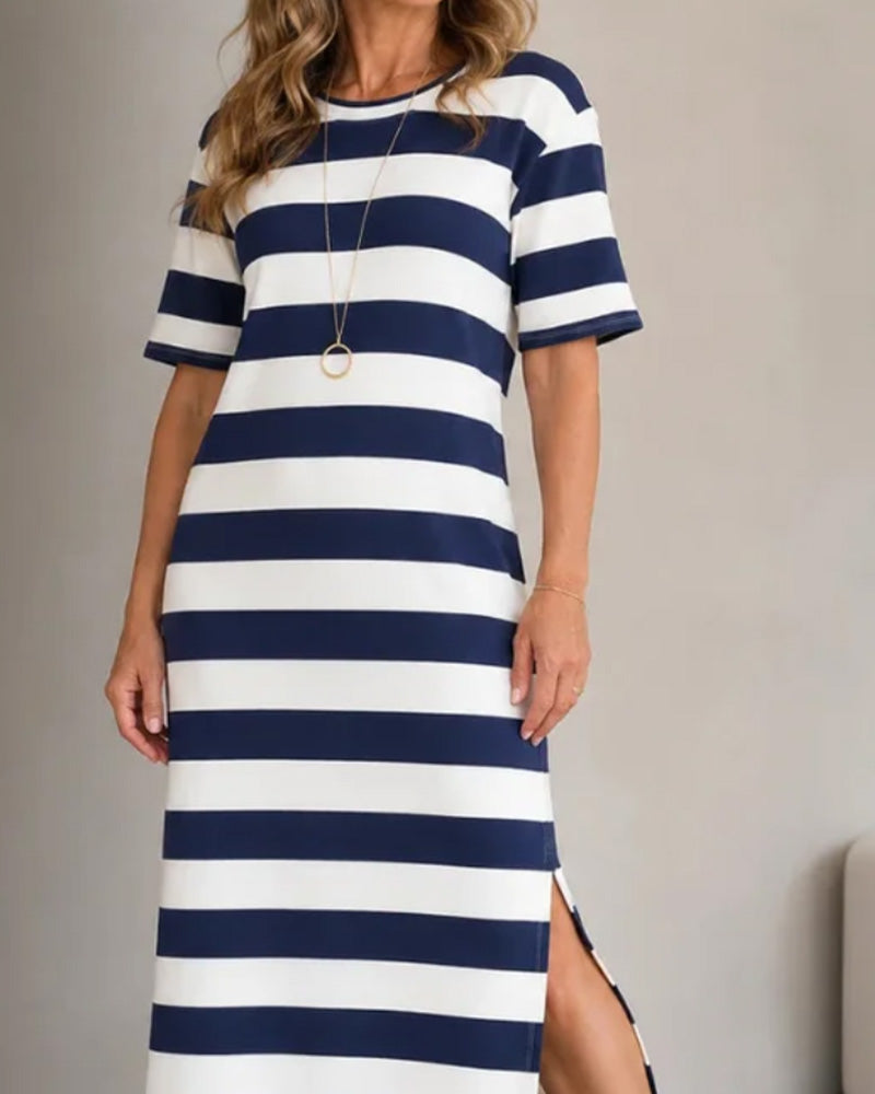 Kleid Gestreift Kurzarm Schlitz Lang T-Shirt