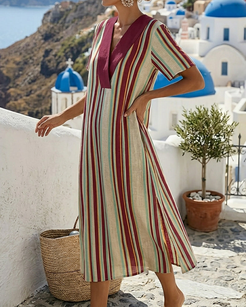Kleid mit V-Ausschnitt im Color-Block gestreift