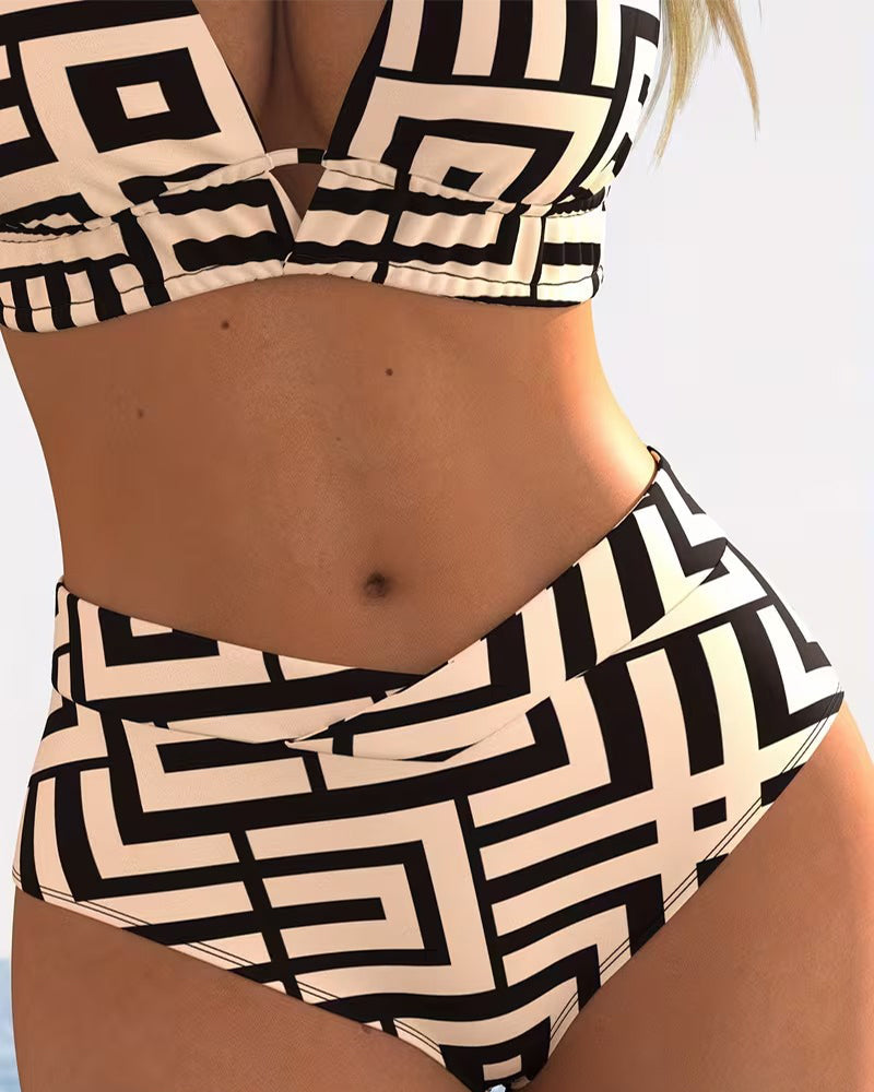 Bikini Geometrisch Halterneck Hoch Tailliert
