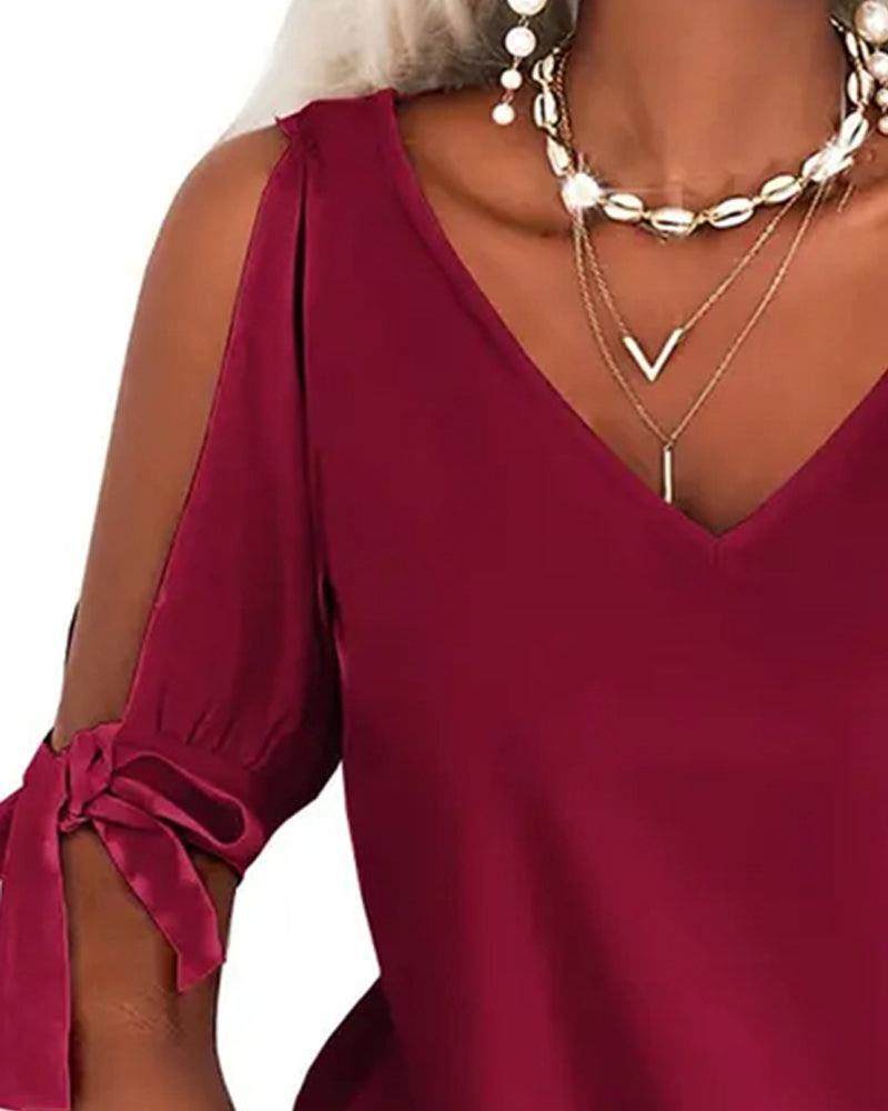 Bluse V-Ausschnitt Cold Shoulder Einfarbig Binden