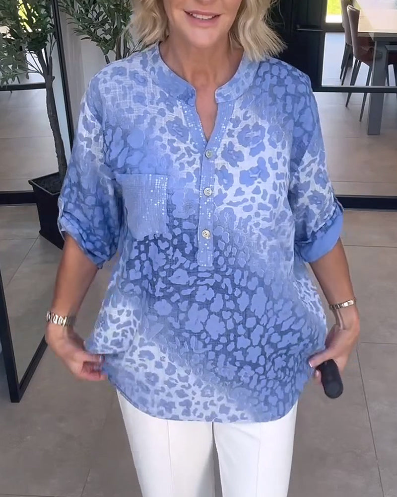 Bluse Ombre Leopardenmuster Henley-Kragen