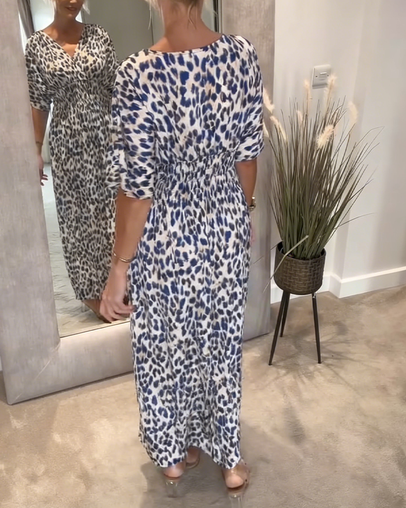 Kleid Schick V-Ausschnitt Tailliert Leopardenprint