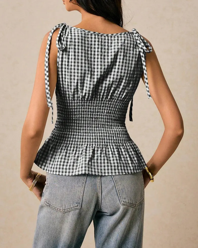 Bluse Ärmellos Karo Binden Taille
