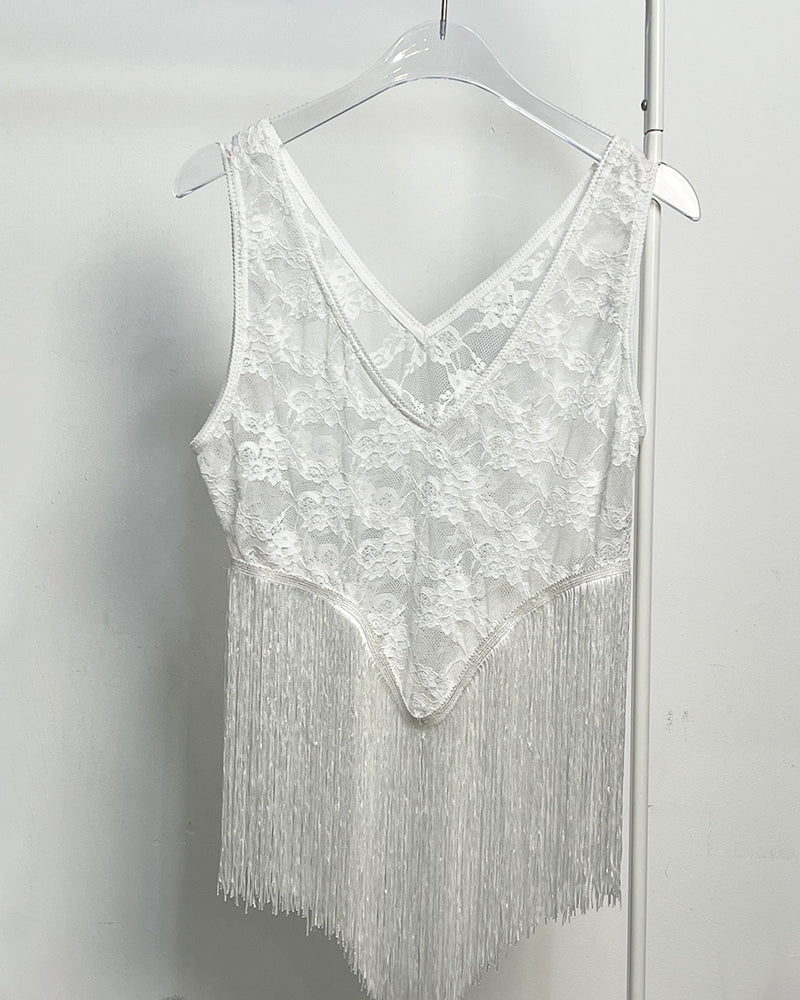 Tanktop Sexy Spitze Spaghettiträger Fransen