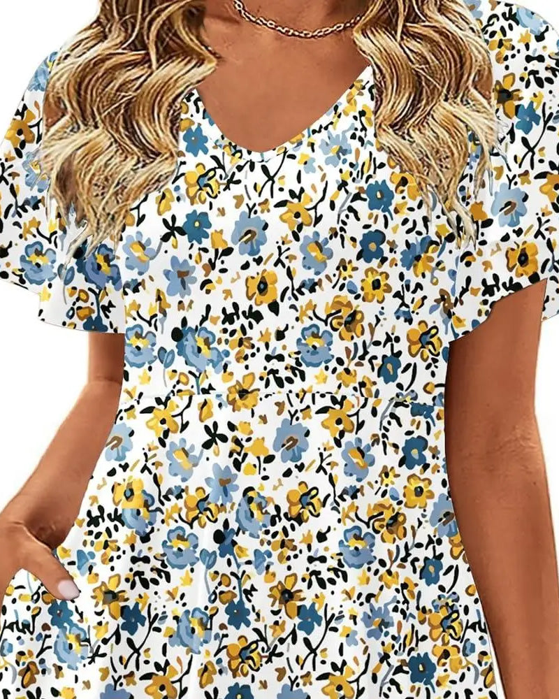 Kleid V-Ausschnitt geblümt kurzärmelig taillierend