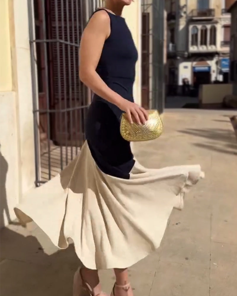 Farbblockiertes Ärmelloses Modekleid