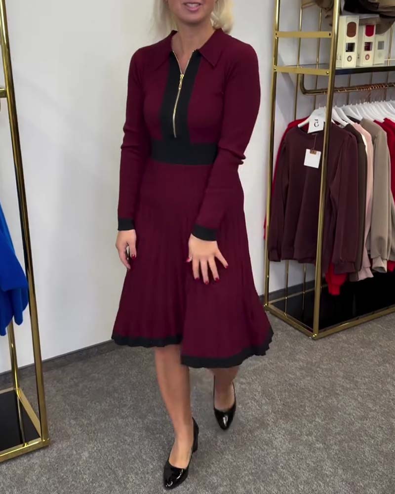 Kleid Halb-Reißverschluss Kragen Color-Block