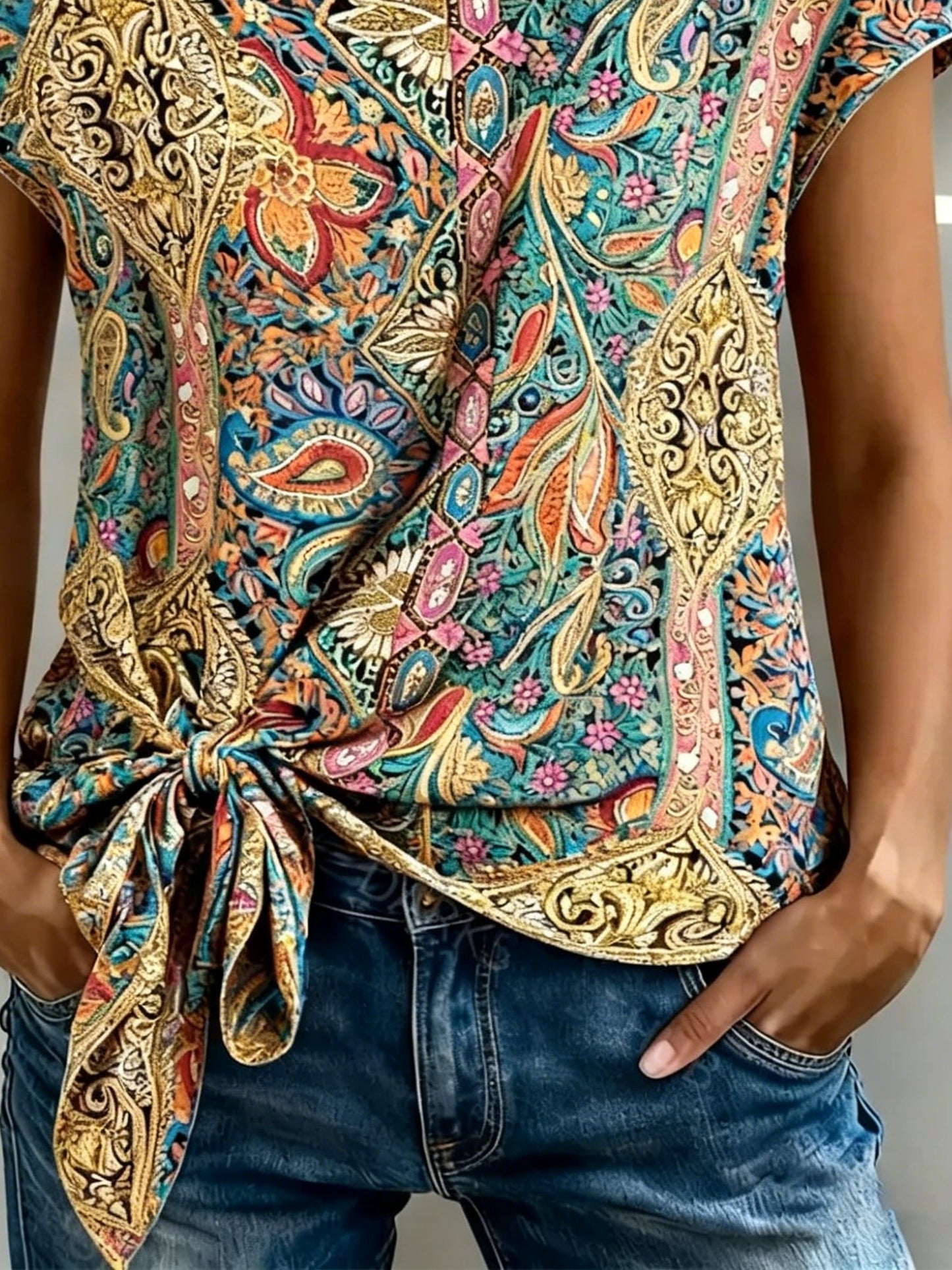 Bluse Print Kurzarm Binden Vorne