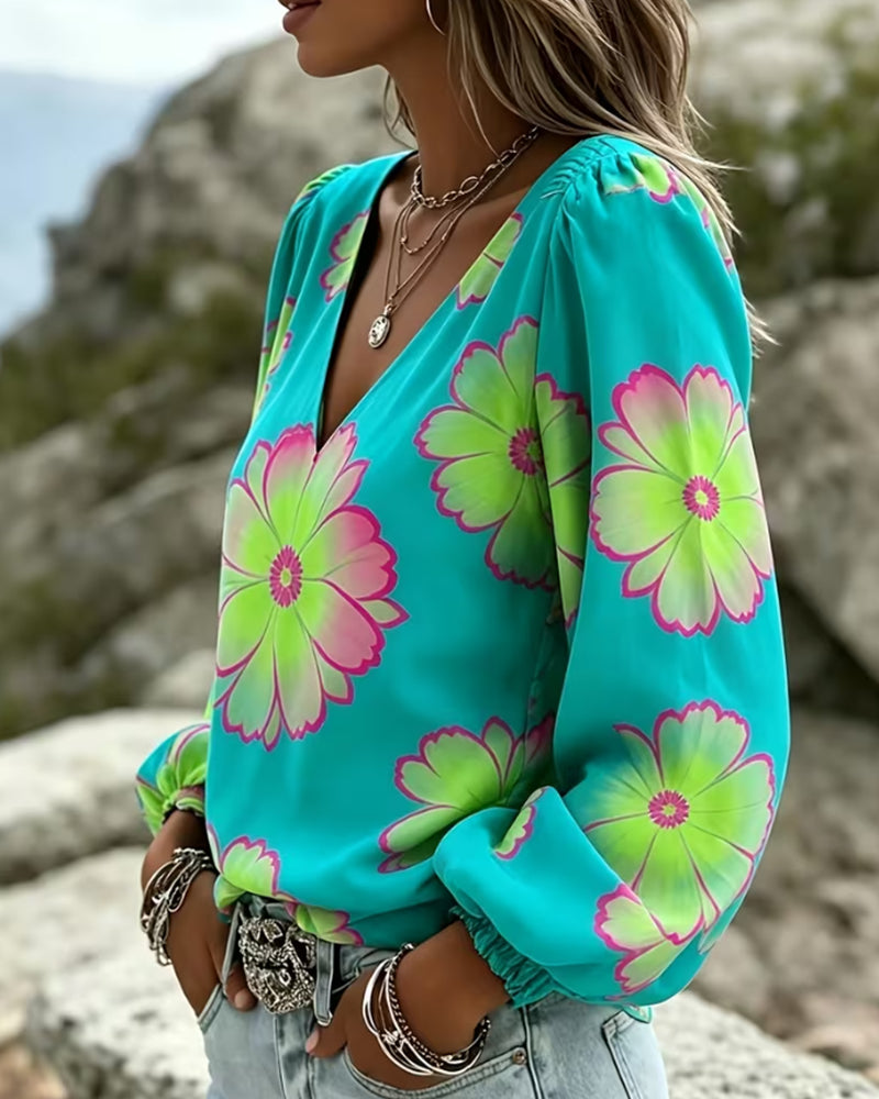 Bluse Farbblock Großer Blumenprint Laternenärmel