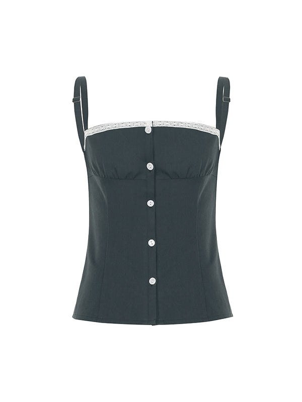 Graues Y2k Spitze Spitzenreihe Mit Knöpfen Cami Top