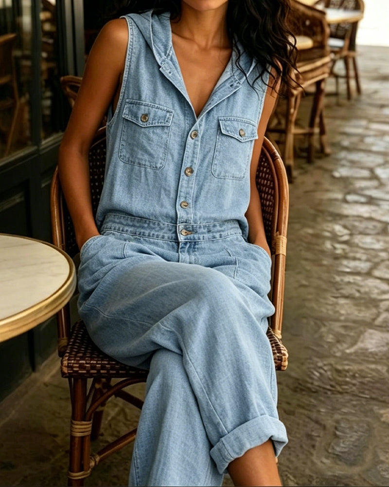 Jumpsuit aus gewaschenem Denim ärmellos mit Kapuze