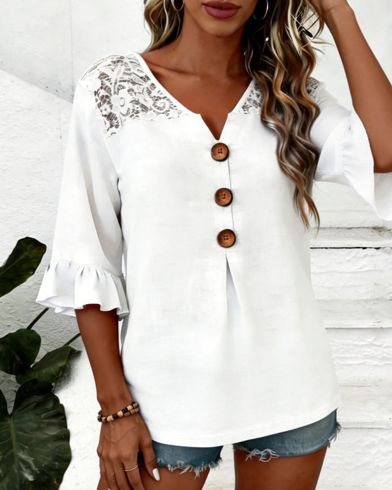 Bluse Rüsche V-Ausschnitt Spitze Patchwork