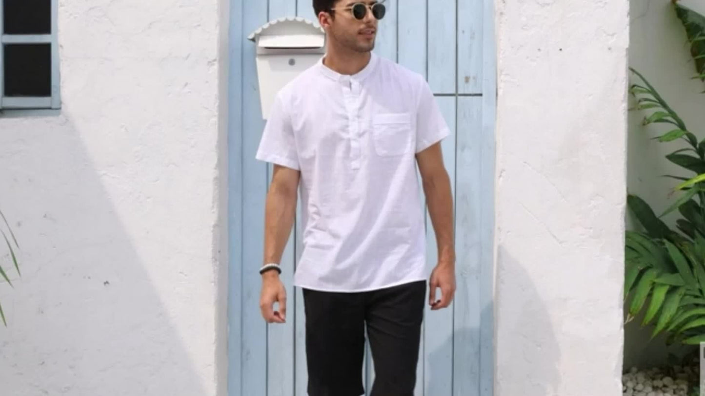 Linen Henley Shirt with Button Front - Black