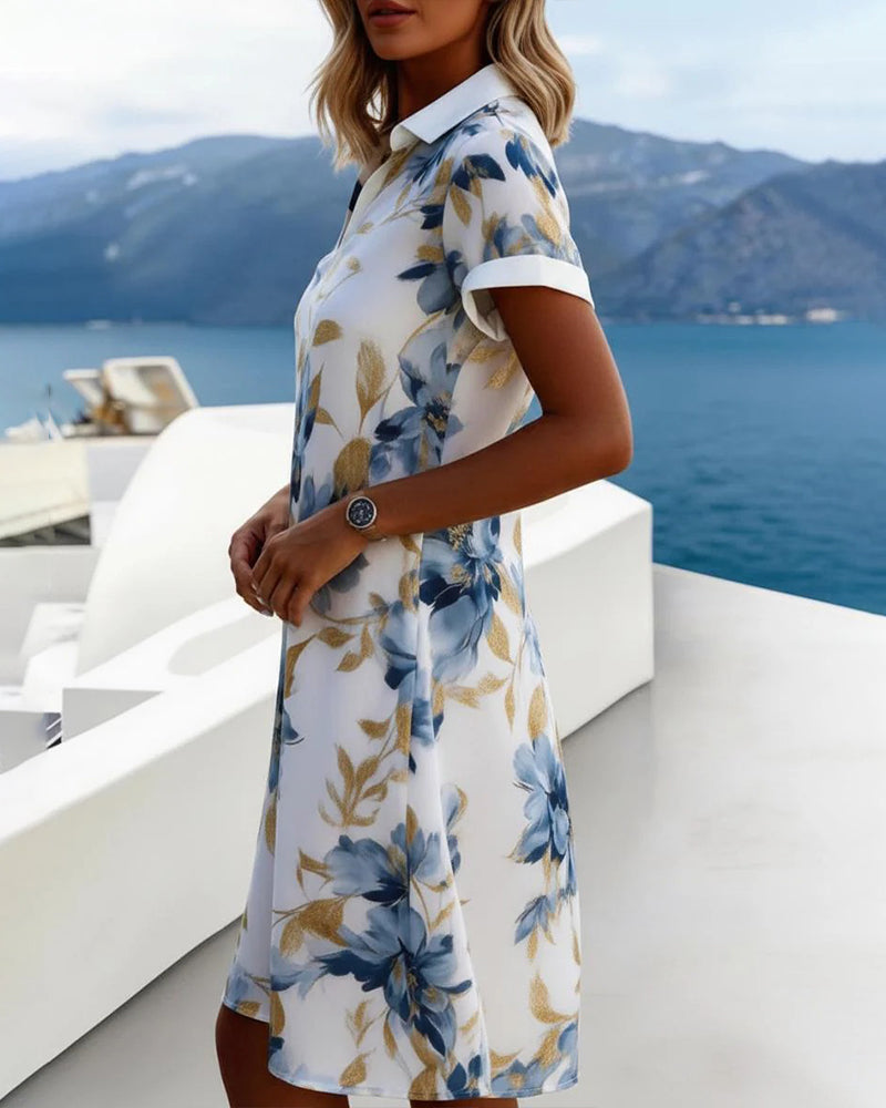 Kleid Revers Kurzarm Blumen Hemd