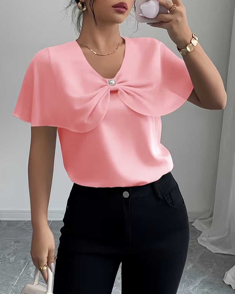 Bluse Unifarben Schleife V-Ausschnitt
