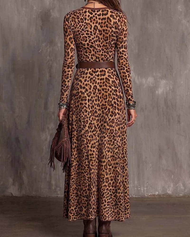 Leopardenmuster V-Ausschnitt Kleid Mit Schlitz