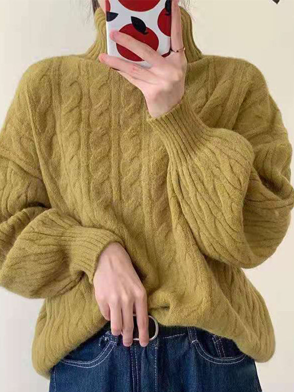 Solid Color High Collar Cable Knit Sweater