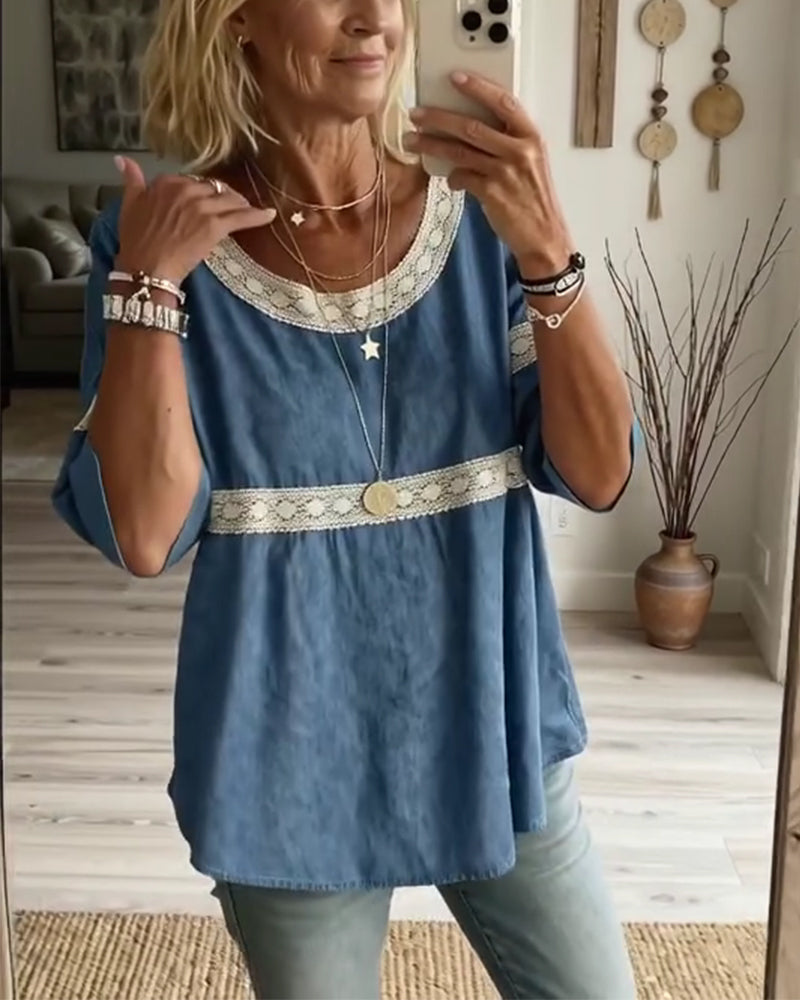 Bluse Spitze Patchwork Halbarm
