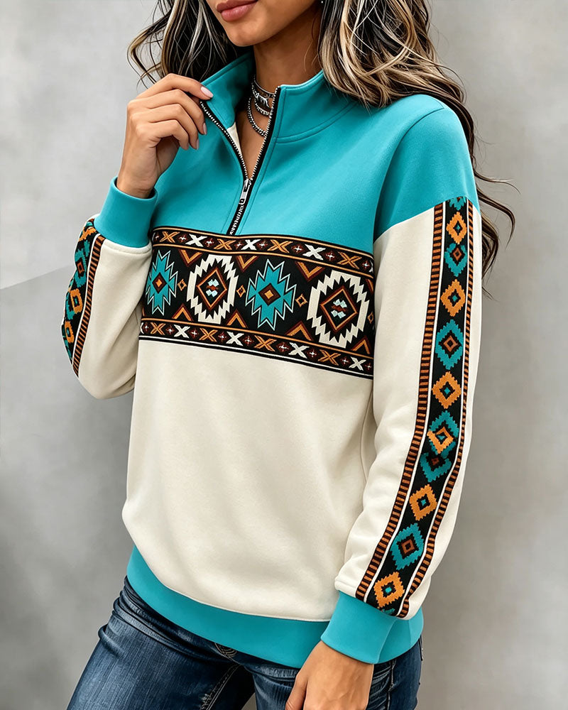 Hoodie Ethno Geometrischer Print Halbreißverschluss Mandarin-Kragen