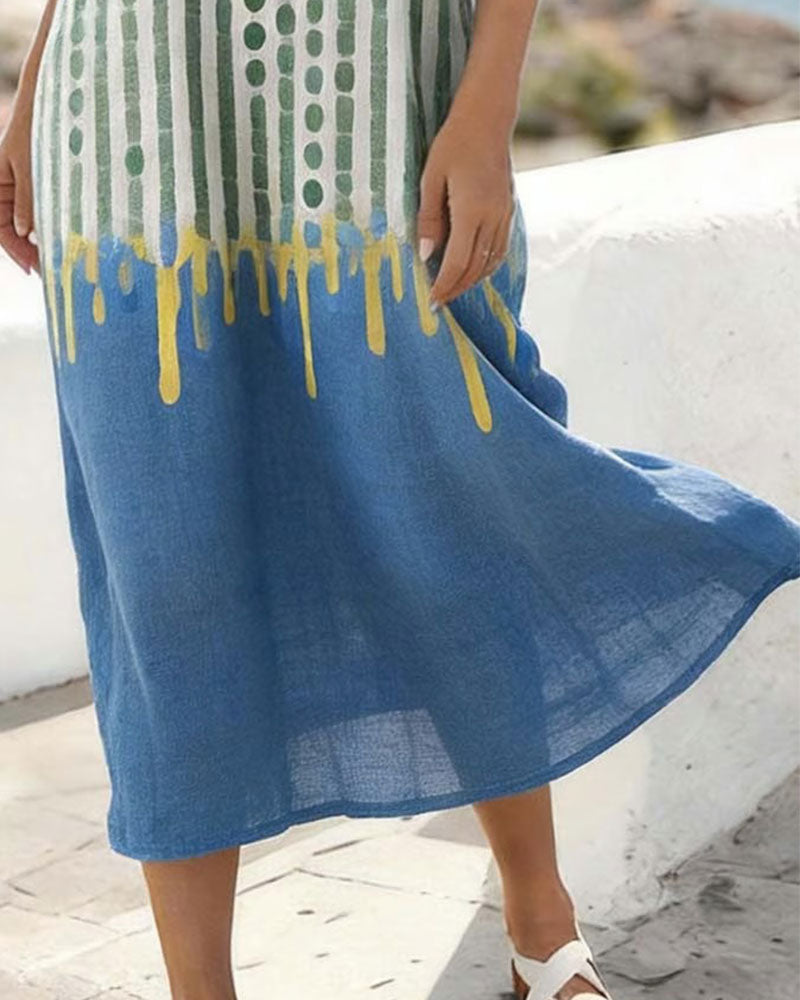 Kleid V-Ausschnitt Polka Punkt Gestreift Kontrastfarbe