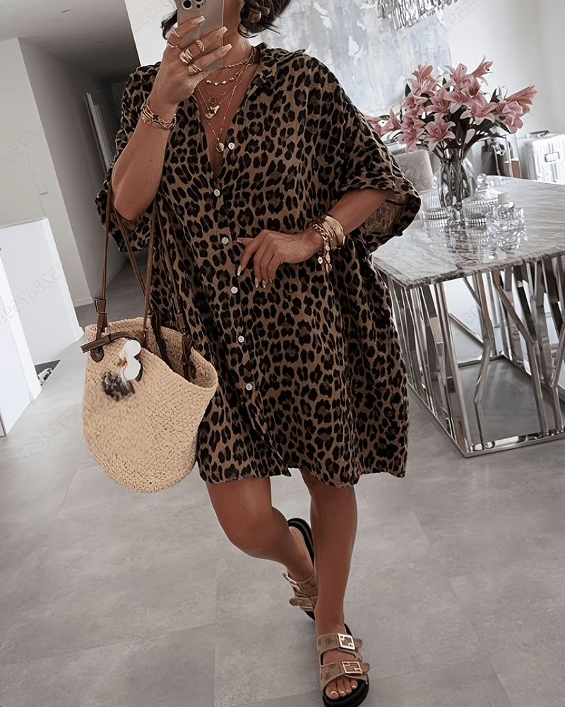 Kleid Revers Leopardenmuster Lockeres Hemd