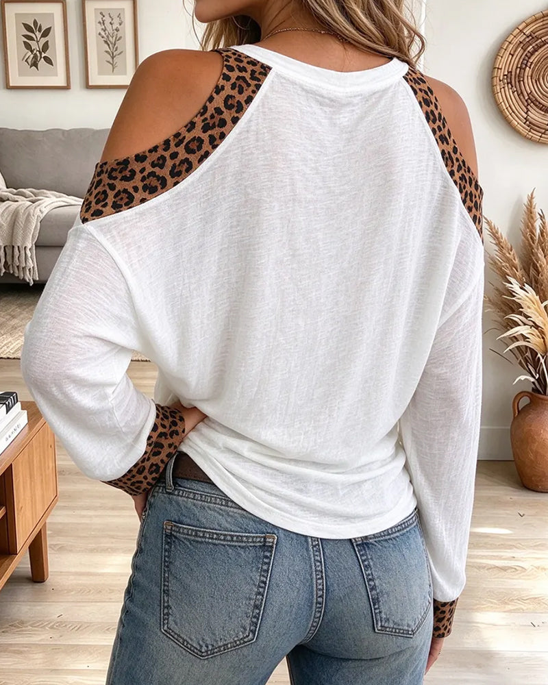 Bluse V-Ausschnitt Schulterfrei Leopardenmuster Locker
