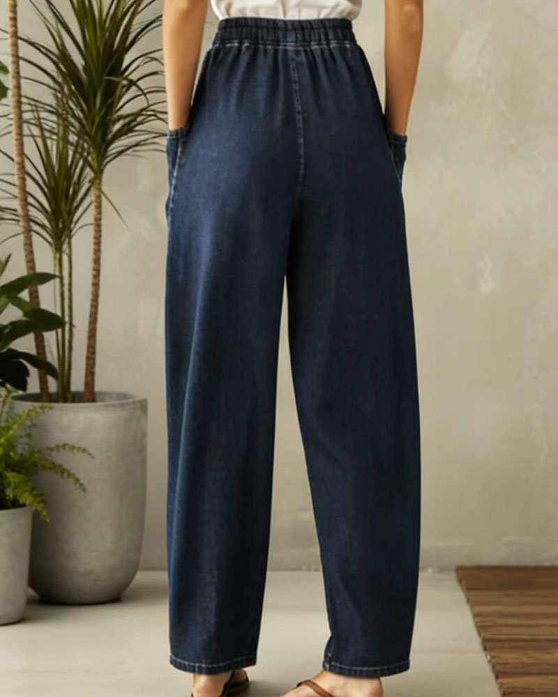 Jeans Elastische-Taille Breites-Bein
